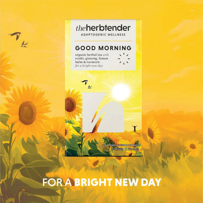 Herb tender tea package with sunflowers and a bright yellow background