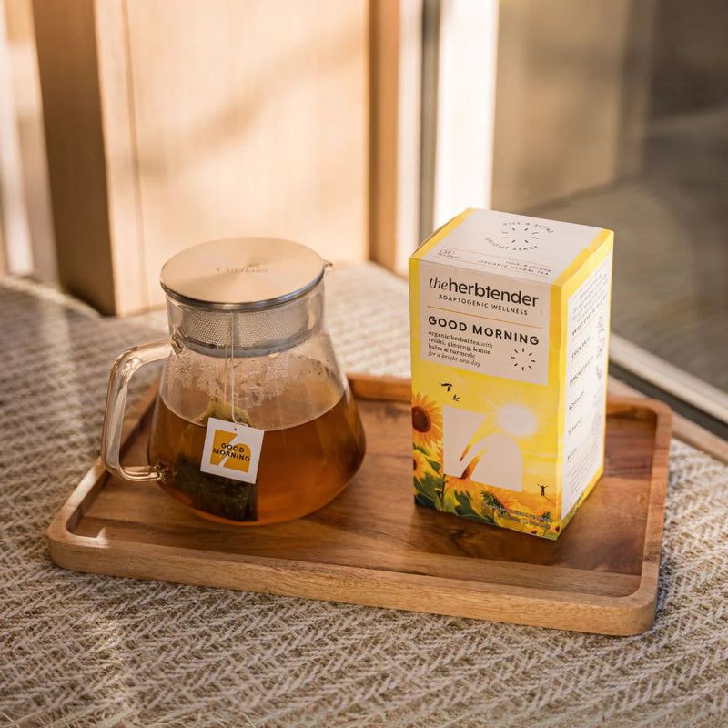 Tea set with a glass teapot and box of &