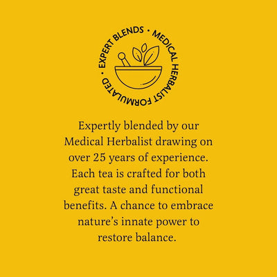 Yellow background with text and logo for 'Expert Blends' medical herbalist tea.