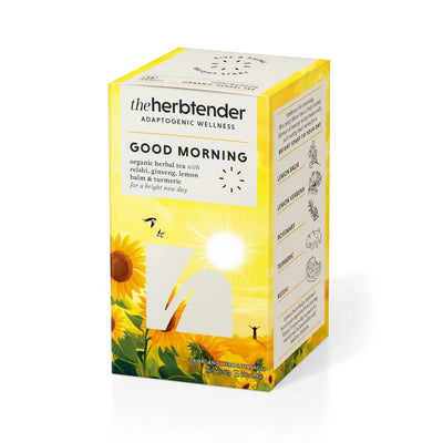 Box of 'Good Morning' herbal tea from 'the herb tender' on a white background
