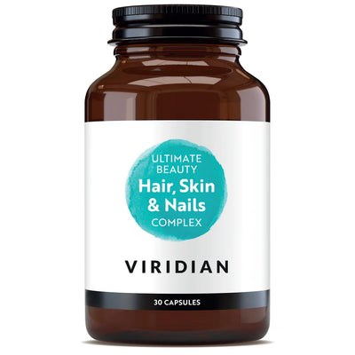 Brown supplement bottle labeled 'Ultimate Beauty Hair, Skin & Nails Complex' by Viridian on a white background